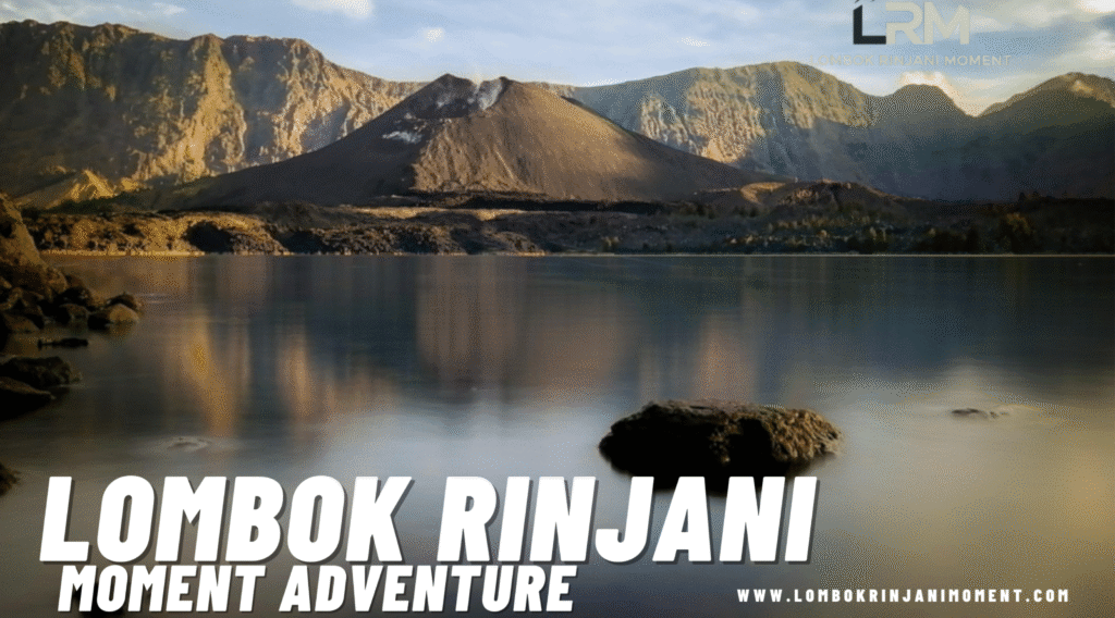 Ground-level view of the calm Segara Anak crater lake with the Gunung Barujari cone dominating the center background and the LRM logo overlay.