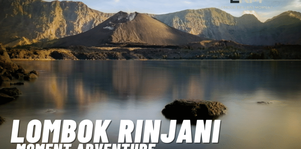 Ground-level view of the calm Segara Anak crater lake with the Gunung Barujari cone dominating the center background and the LRM logo overlay.
