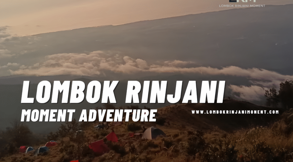 High-altitude campsite view on a steep, rocky ridge of Mount Rinjani during sunrise, with clouds below and the summit ridge visible in the background.