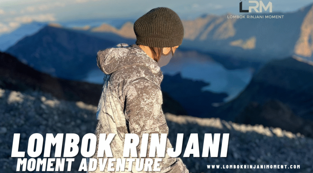 Hiker in a beanie and patterned jacket looking out over the Rinjani caldera and Segara Anak lake.