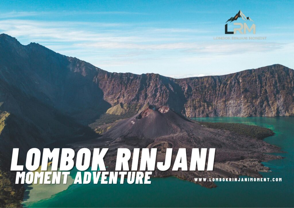 Wide aerial view of the Segara Anak crater lake and the central Gunung Barujari cone within Mount Rinjani's massive caldera. The image includes "Lombok Rinjani Moment Adventure" text overlay.