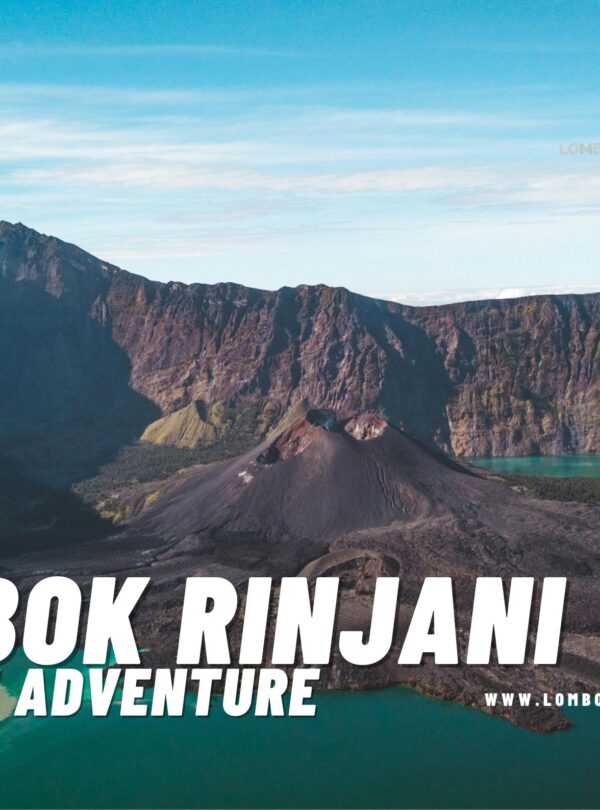 Wide aerial view of the Segara Anak crater lake and the central Gunung Barujari cone within Mount Rinjani's massive caldera. The image includes "Lombok Rinjani Moment Adventure" text overlay.