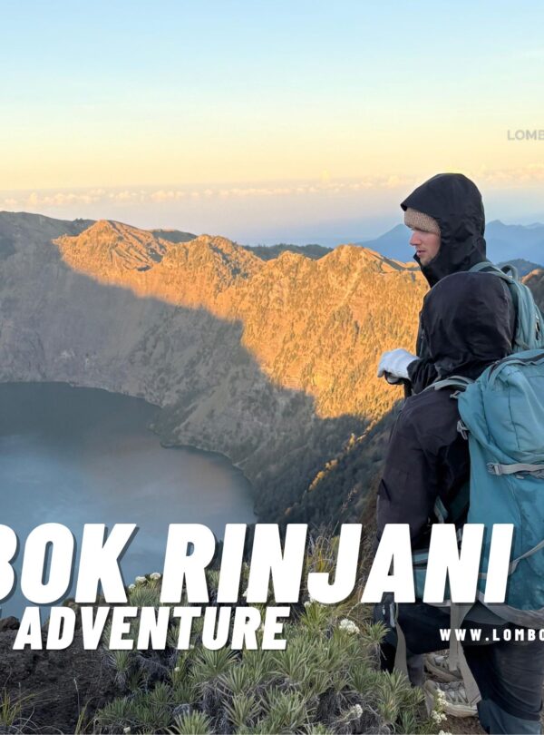 Two hikers, one with a blue backpack facing a stunning view of Mount Rinjani's caldera and Segara Anak lake during sunrise, with the Lombok Rinjani Moment logo overlay.