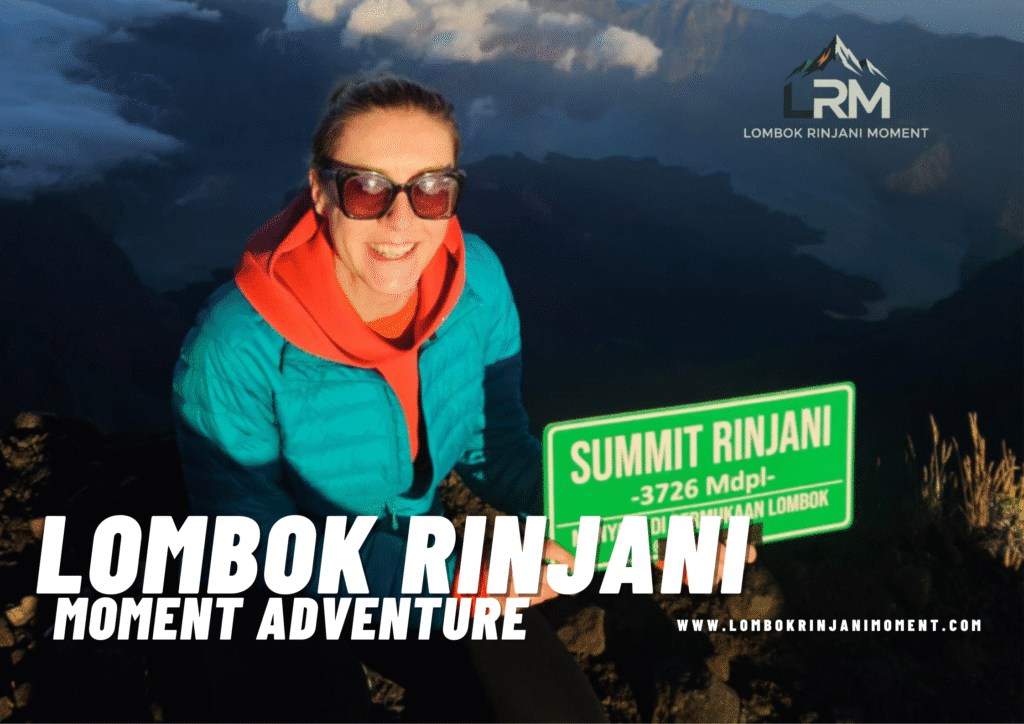 A happy female climber wearing sunglasses and a turquoise jacket holding a green "SUMMIT RINJANI - 3726 Mdpl" sign, with the LRM Lombok Rinjani Moment logo and text overlay. Majestic mountain range and clouds are visible in the background.