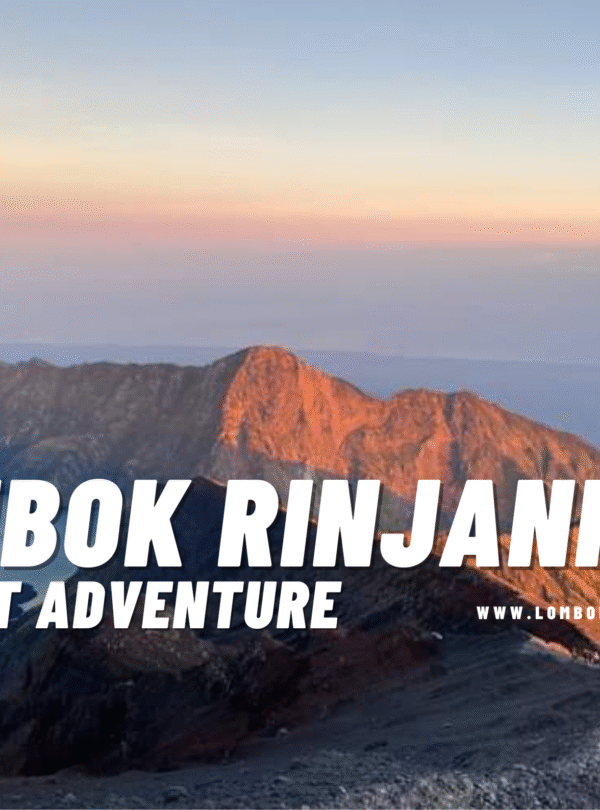 Hikers ascending the volcanic scree slope of Mount Rinjani at sunrise, with massive peaks silhouetted against the sky and "Lombok Rinjani Moment Adventure" text overlay.